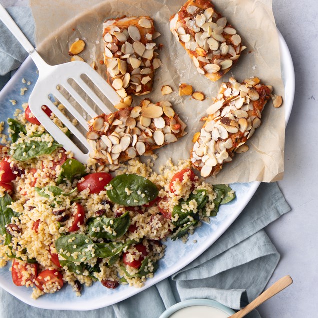 Harissa Fish with Spiced Cranberry Bulgur