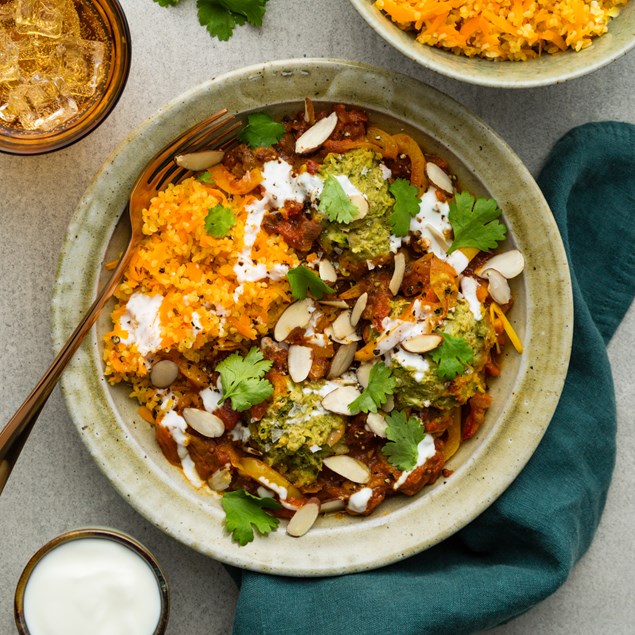 Moroccan Saffron Tagine with Harissa Bulgur