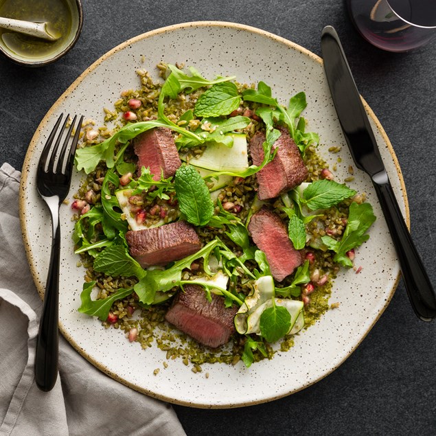 Lamb Loin with Freekeh, Pomegranate, Dukkah and Mint Verde 