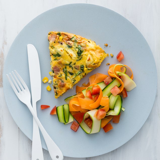 Bacon, Corn and Feta Tart with Tomato Courgette Salad