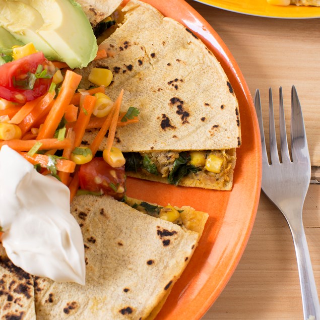 Spinach and Refried Bean Quesadillas with Mexican Salad