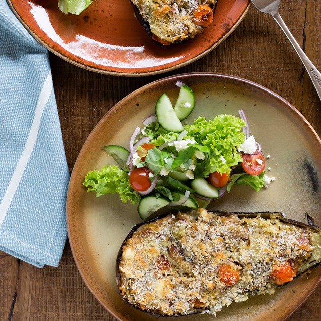 Mediterranean Stuffed Eggplants with Salad