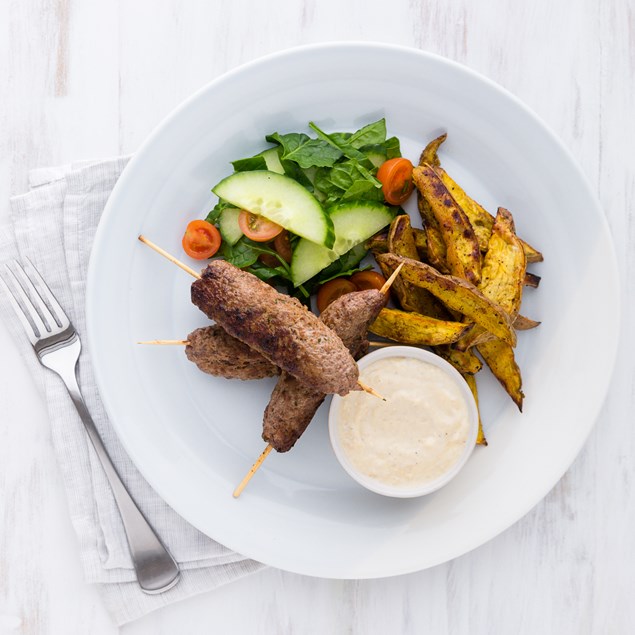 Beef Kofta Kebabs with Kumara Chips, Salad and Hummonnaise