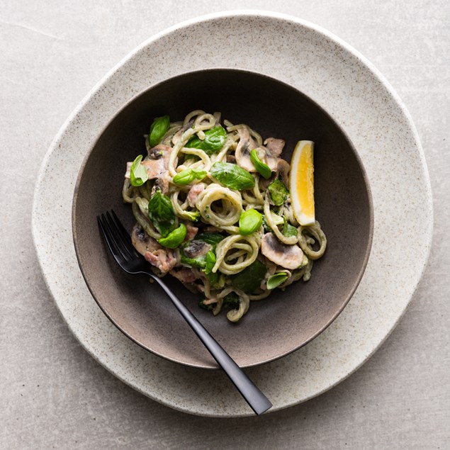 Spinach Spaghetti with Bacon and Broccoli    