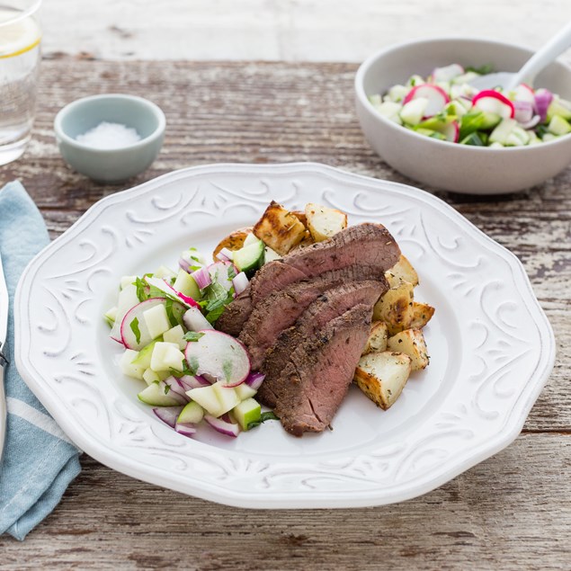 Butterflied Lamb Leg with Rosemary Roasties and Apple Radish Salad