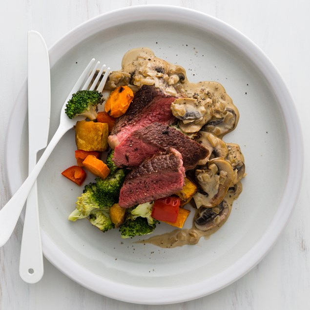 Beef Scotch Steak with Creamy Mushroom Sauce and Roasties