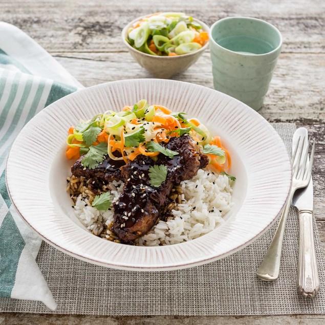 Sticky Asian Beef with Jasmine Rice and Pickled Vegetables