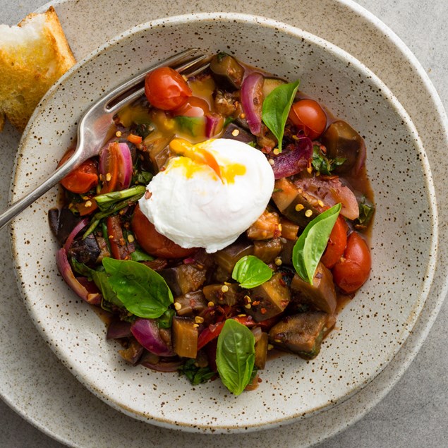 Poached Eggs with Ratatouille and Garlic Focaccia