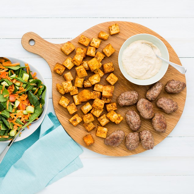 Lamb Kofta with Spiced Potatoes and Spinach Salad