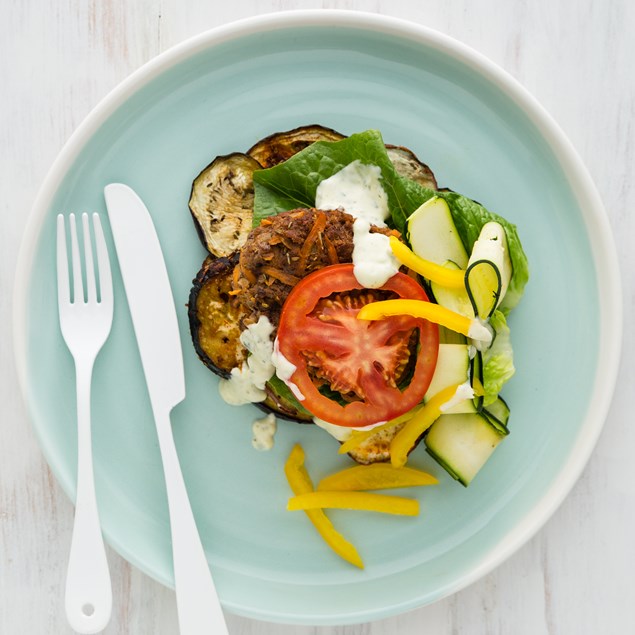 Beef Burger & Veggie Stacks with Herb Aioli