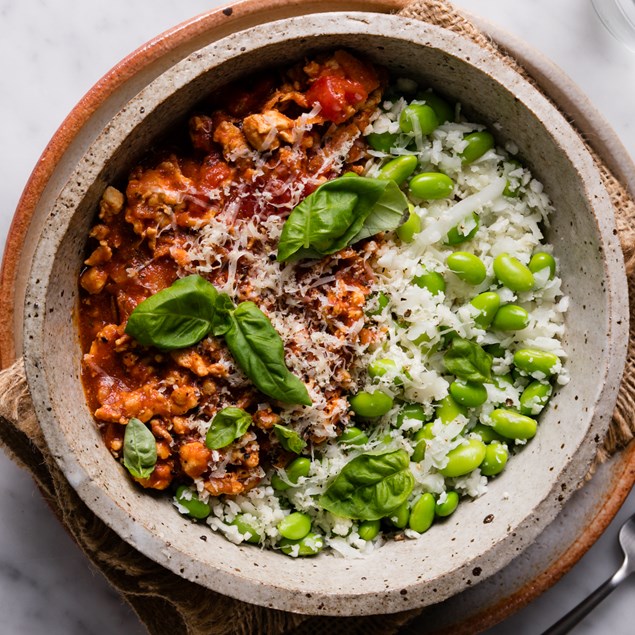 Lean Turkey Bolognaise with Cauli, Edamame and Parmesan