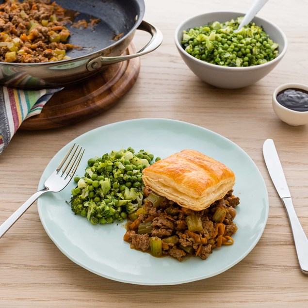 Pork and Beef Savoury Mince with Puff Pastry Lids and Minty Greens