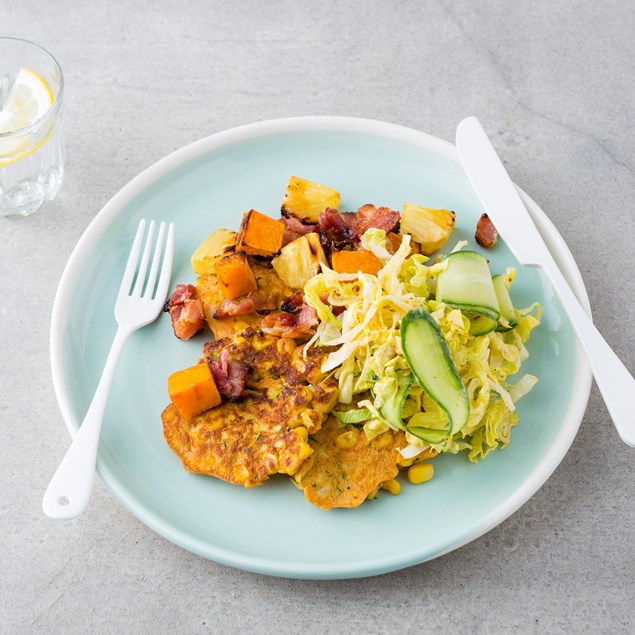 Corn and Courgette Fritters with Roast Pumpkin and Bacon