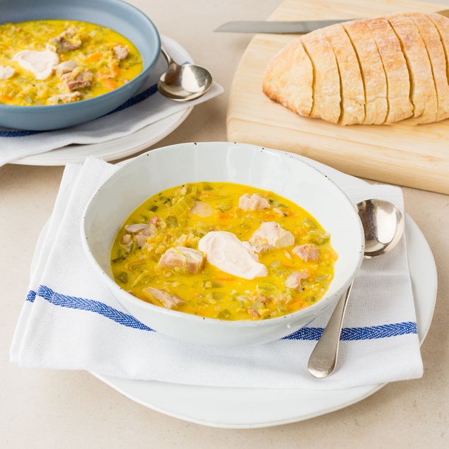 Creamy Chicken, Bacon and Lentil Soup with Ciabatta