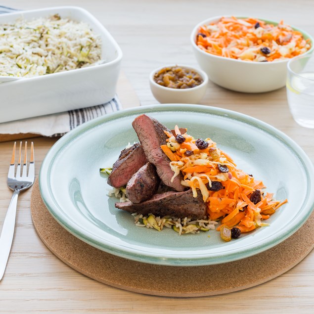 Turkish Lamb Leg Steaks with Orange Baked Rice and Carrot Salad