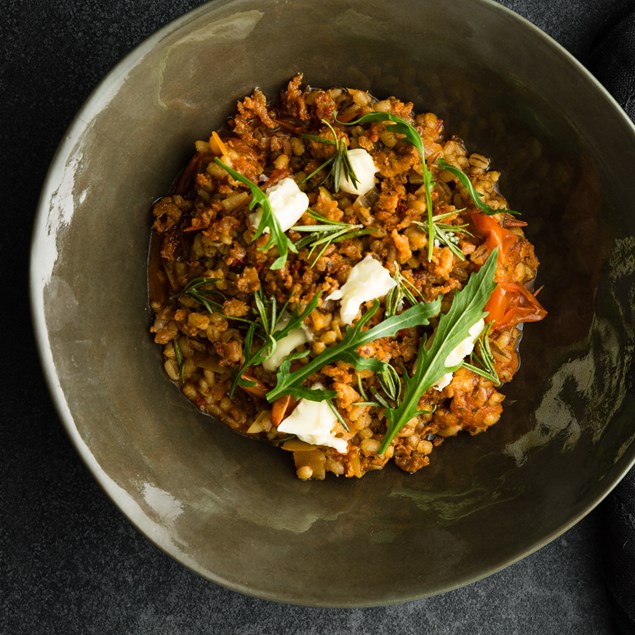 Chorizo & Pearl Barley Risotto with Mozzarella and Crispy Rosemary