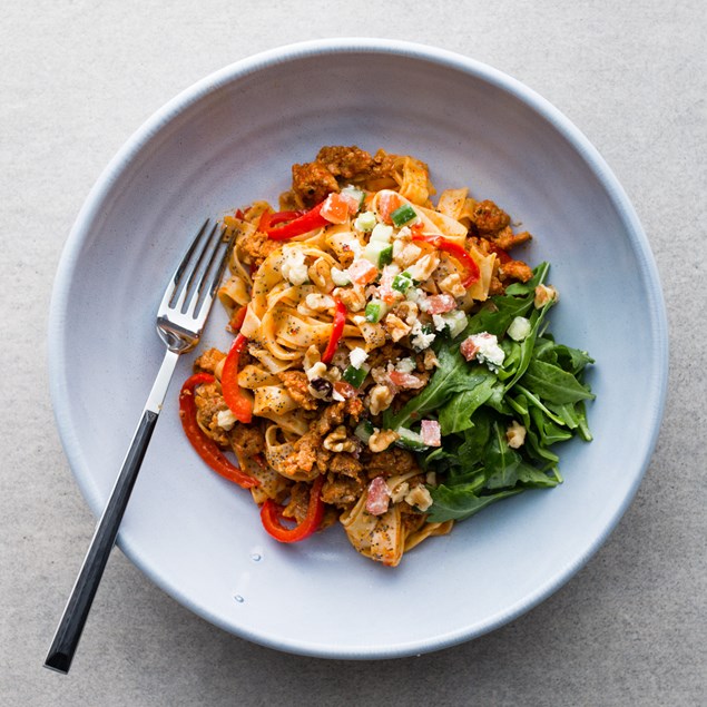 Chorizo & Poppy Seed Pasta with Capsicum Sauce