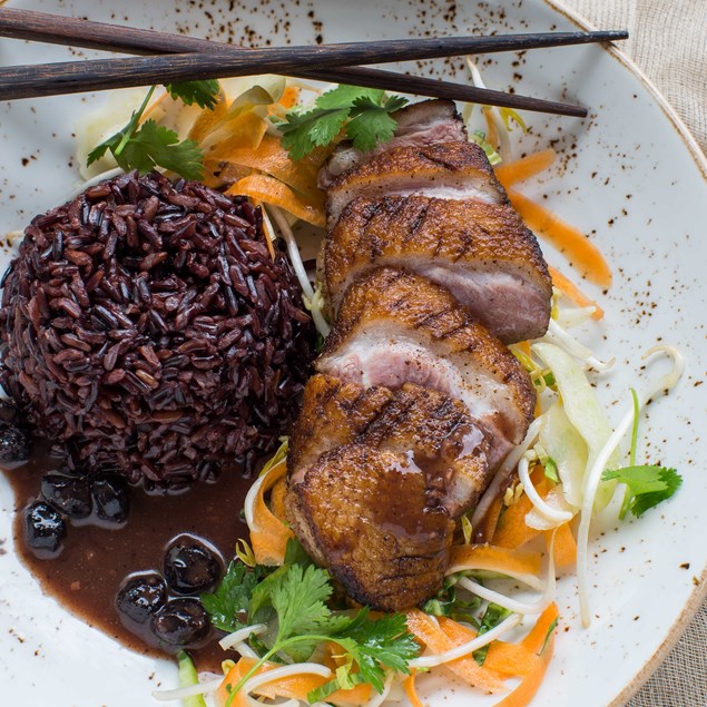 Crispy Duck, Forbidden Rice, Asian Slaw and Chinese Blueberry Sauce