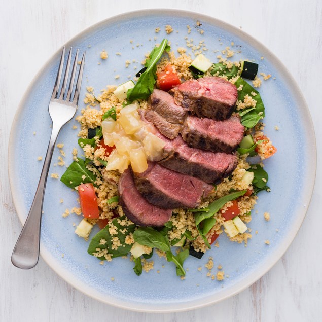 Mustard Lamb Steaks with Tomato Couscous and Apple Chutney