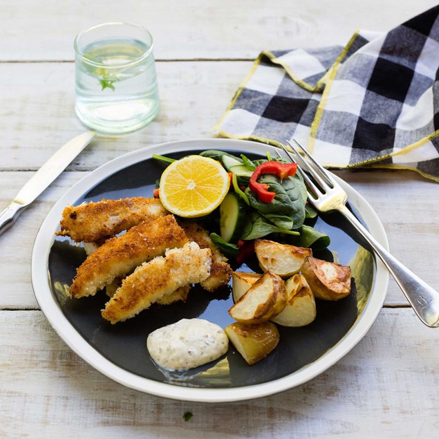 Fish Fingers with Lemon Mayo, Baby Roasties and Salad