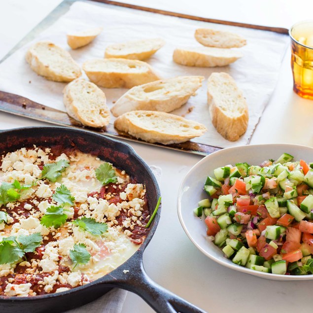 Shakshuka Eggs with Garlic Bread and Salad