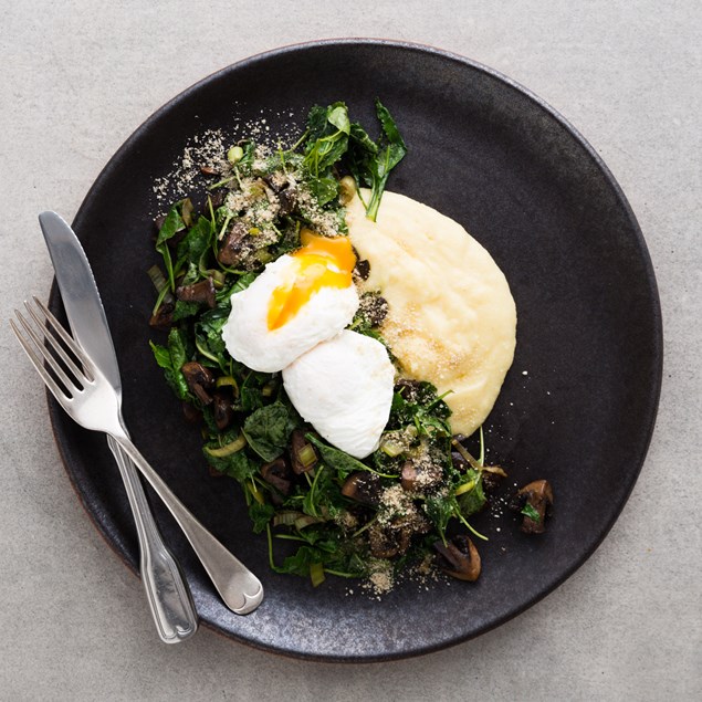 Poached Eggs with Creamed Polenta, Sautéed Greens & Mushrooms