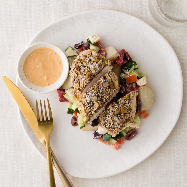 Pistachio Crusted Chicken with Greek Potato Salad 