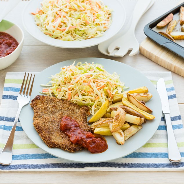 Beef Schnitzel with Chips and Coleslaw