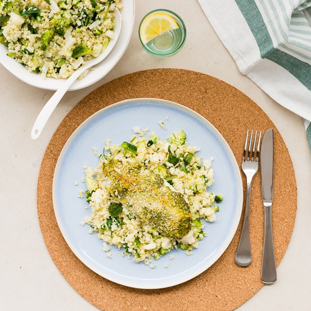 Pesto-Crumbed Fish and Veggie Bulgur Salad