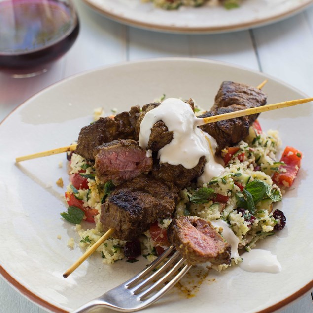 Lamb Korma Kebabs with Fruit and Nut Couscous and Lemon Sour Cream
