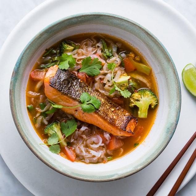 Lemongrass Tom Yum Salmon with Fettuccine Noodles