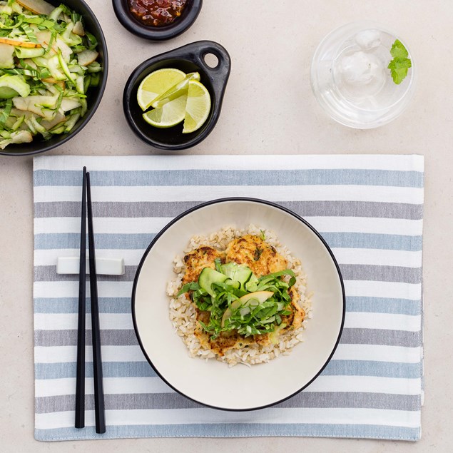 Thai Chicken Patties with Asian Slaw and Coconut Rice
