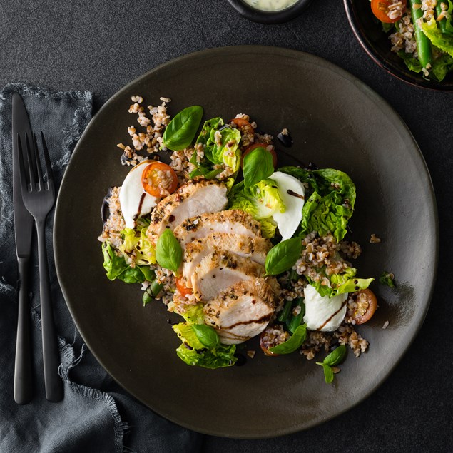 Chicken Caprese with Farro and Pesto