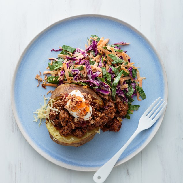 Cheesy Beef Baked Potatoes with Southern Slaw