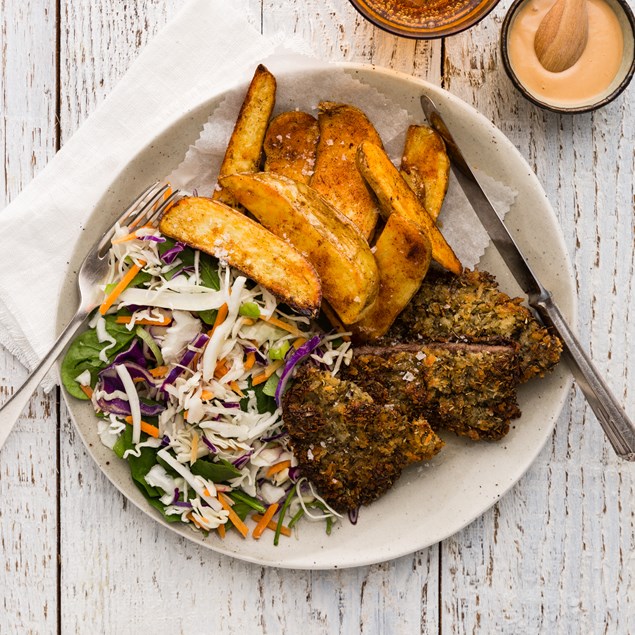 Herbed Beef Schnitzel with Spiced Wedges & Smoky BBQ Aioli