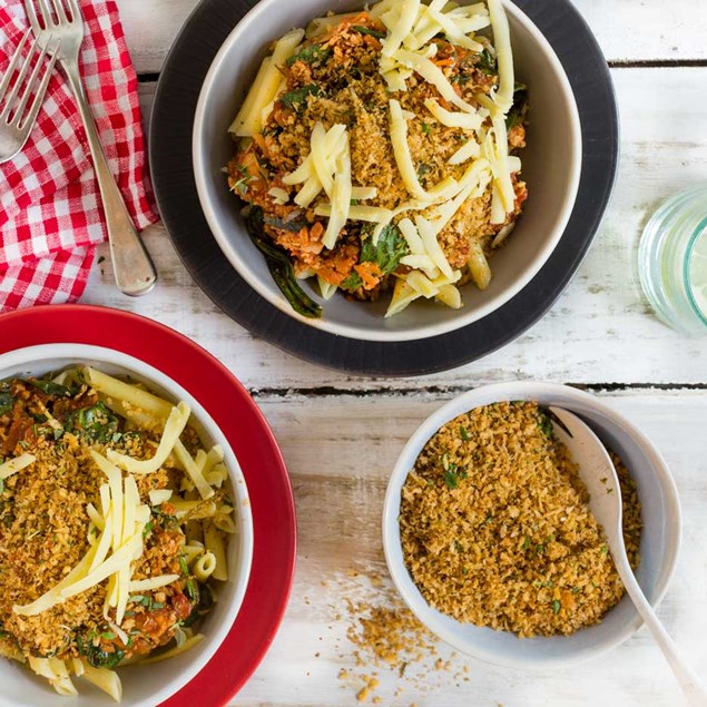 Chicken and Vegetable Pennette Ragu, with Smoky Herb Garlic Crumb