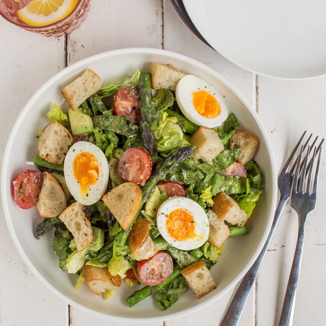 Avocado, Asparagus and Egg Caesar with Croutons and Basil Feta Dressing
