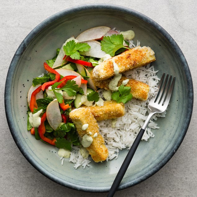 Devilled Tofu with Basmati Rice, Cucumber and Nashi Salad