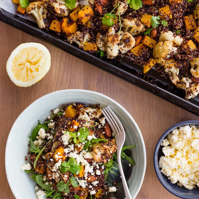 Spice-Roasted Veggie and Quinoa Salad with Feta, Dates and Almonds