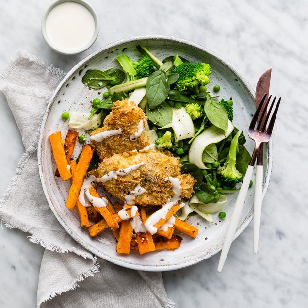 Parmesan Chicken Schnitzel with Kumara & Garlic Crema