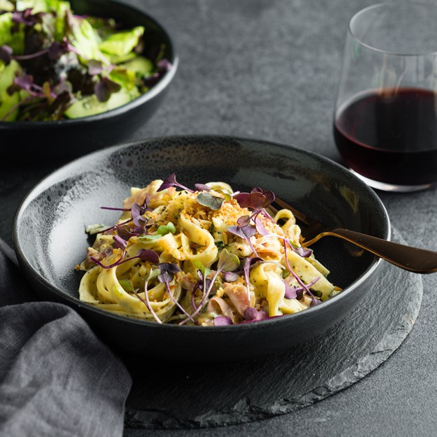 Truffle & Speck Carbonara with Poppy Seed Fettucine & Baby Leaf Salad