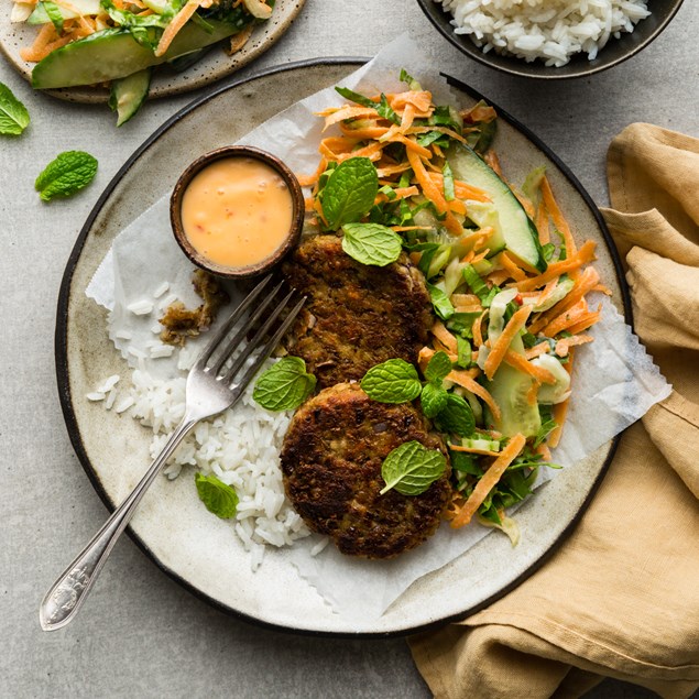 Thai Veggie Patties with Coconut Rice and Sweet Chilli mayo