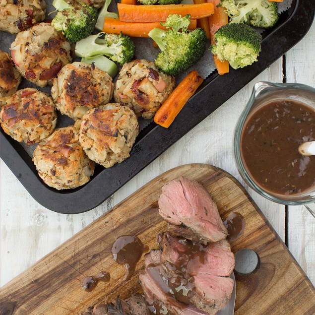 Butterflied Lamb Leg with Cranberry Stuffing Balls and Roasted Vegetables