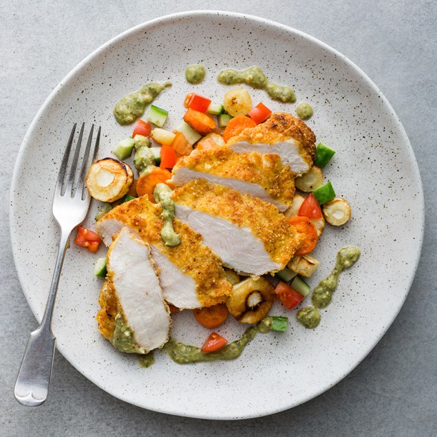 Falafel Chicken Schnitzel with Roasted Vegetables and Salsa Verde