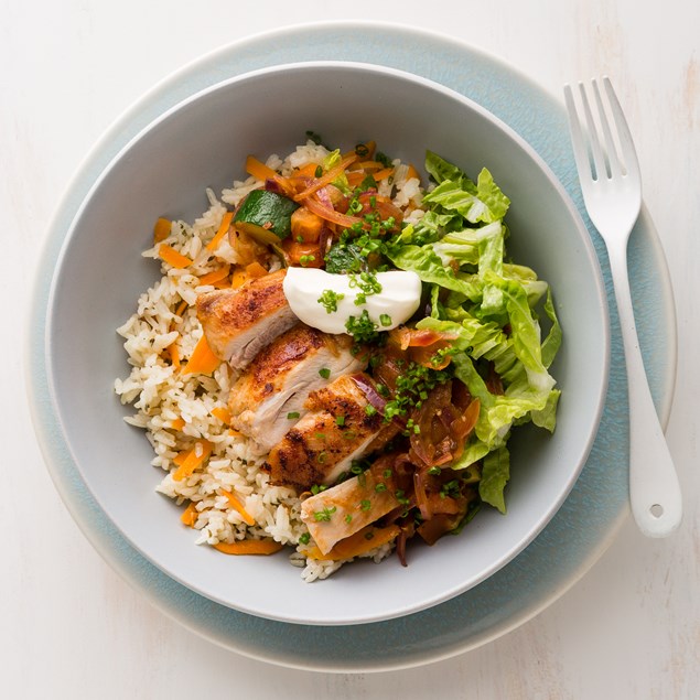 Mexican Chicken Bowl with Baked Rice and Sour Cream