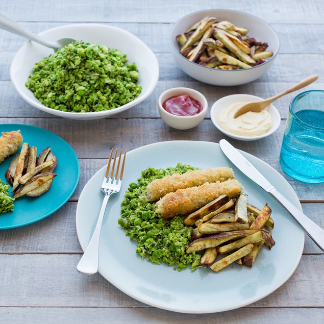 Crumbed Chicken Sausages with Broccoli Pea Smash