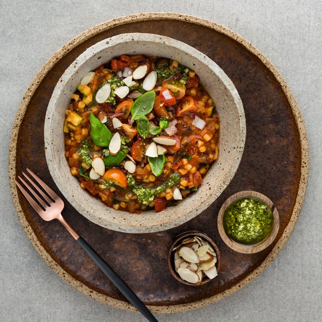 Italian Tomato Fregola with Basil, Pesto and Cherry Tomato Salsa 