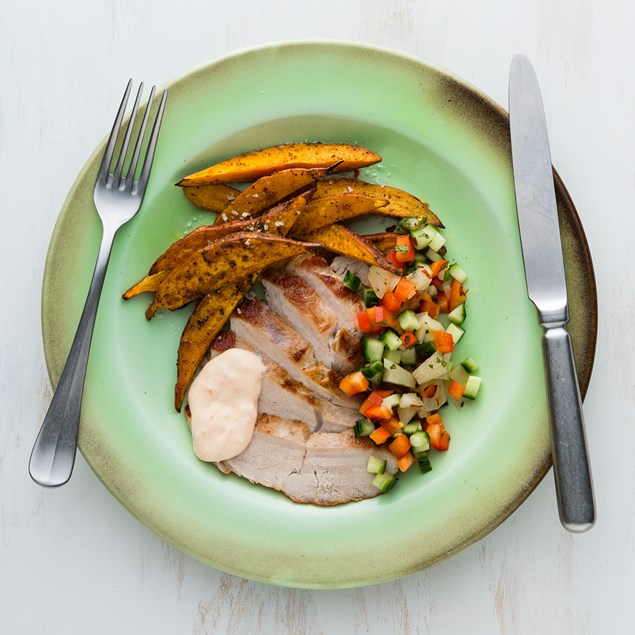 Pork with Pineapple Salsa with Kumara Wedges