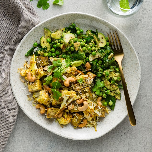 Curried Cauliflower with Cashew Coconut Crumble