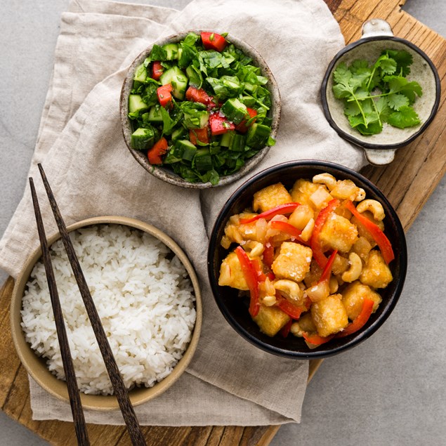 Sweet and Sour Tofu with Jasmine Rice and Salsa